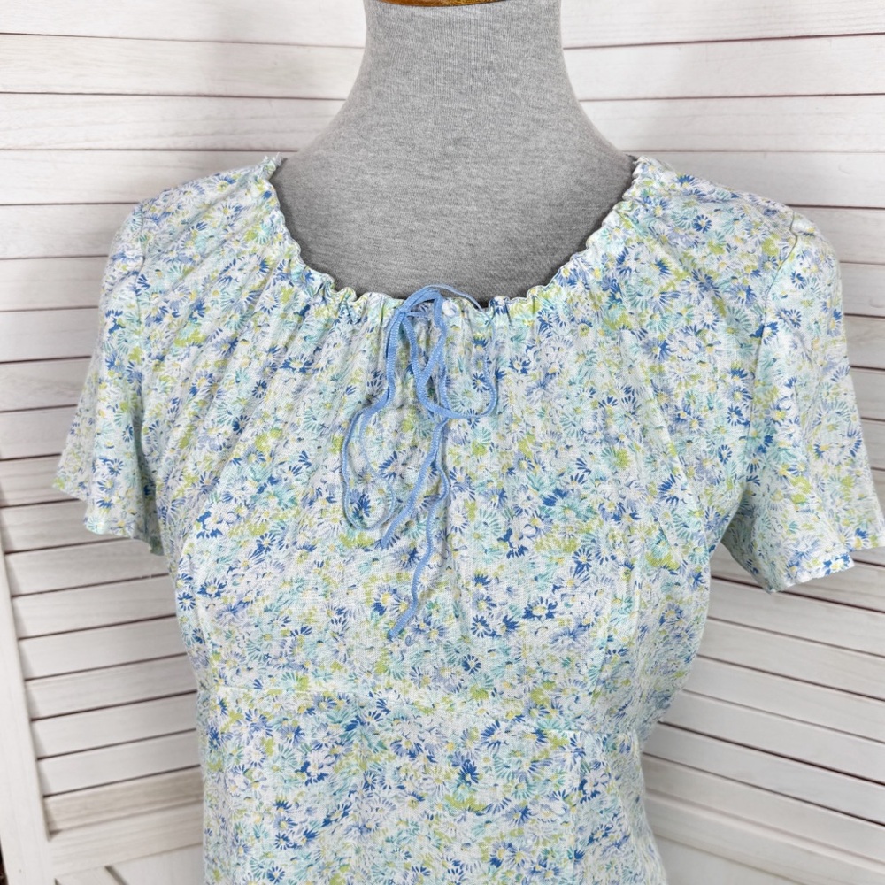 Vntg Villager Liz Claiborne Ditsy Floral Cinch Neck Linen Maxi Dress Blue Medium - Picture 5 of 12